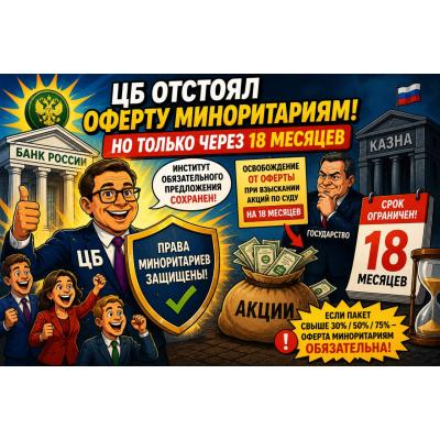 ЦБ отстоял оферту миноритариям от Российской федерации! Но только через 18 месяцев - Кидосы на фондовом рынке