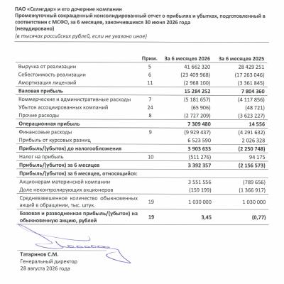 Селигдар в прибыли в 2026H1 по МСФО